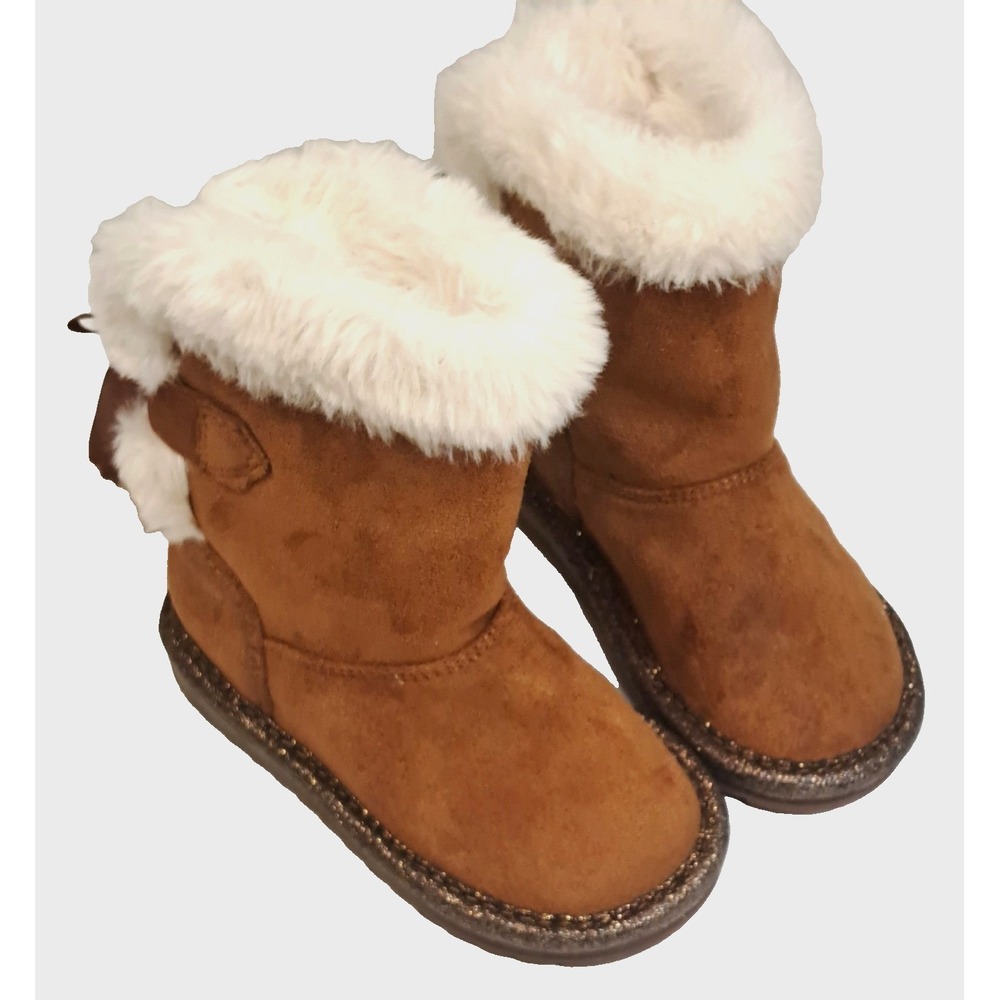 Sugar Faux Suede Boots Girls Size 5 Light Up Faux Fur Lining Pom-Poms Brown